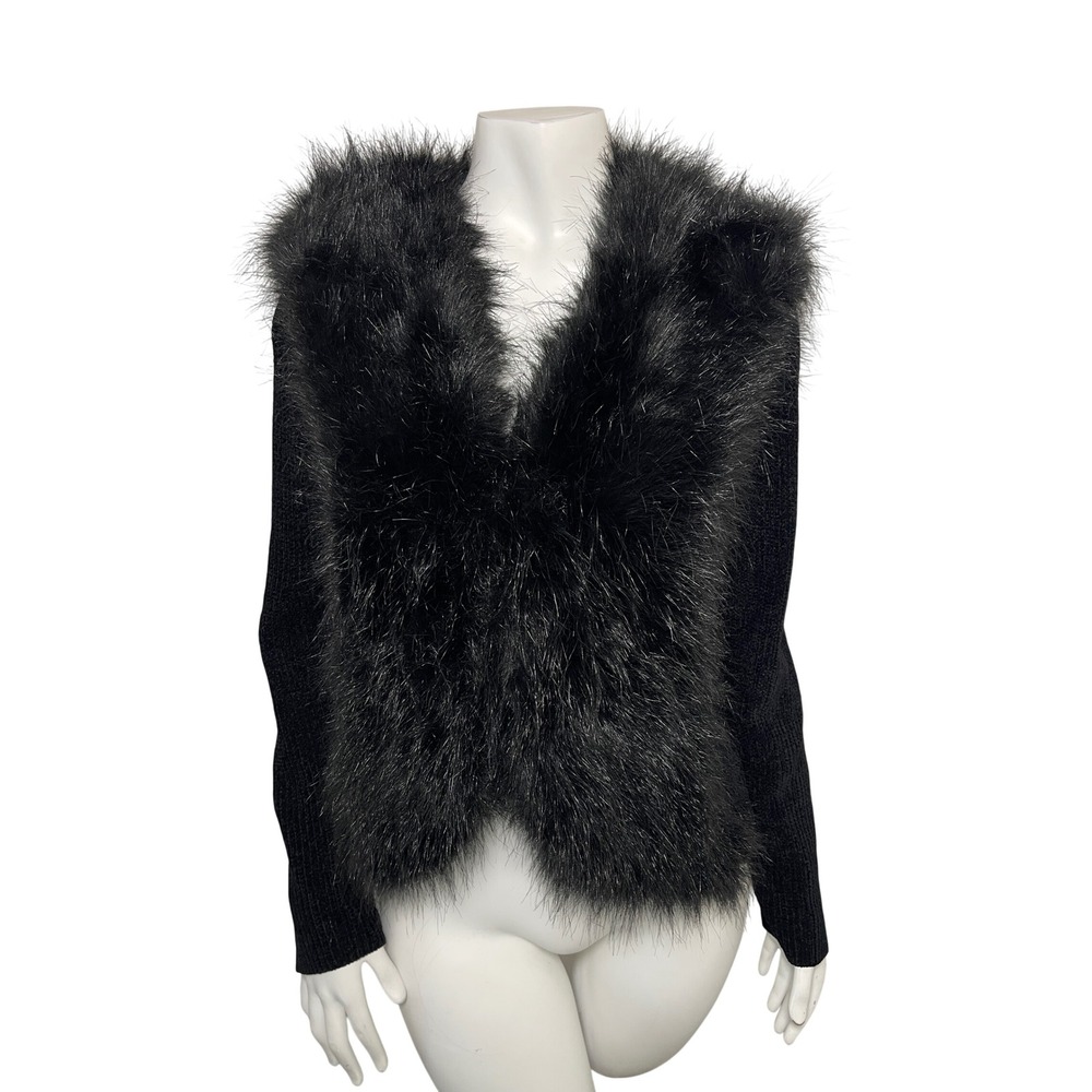 Lisa International Black Chenille Knit Faux Fur Trim Cardigan Sweater M Chic
